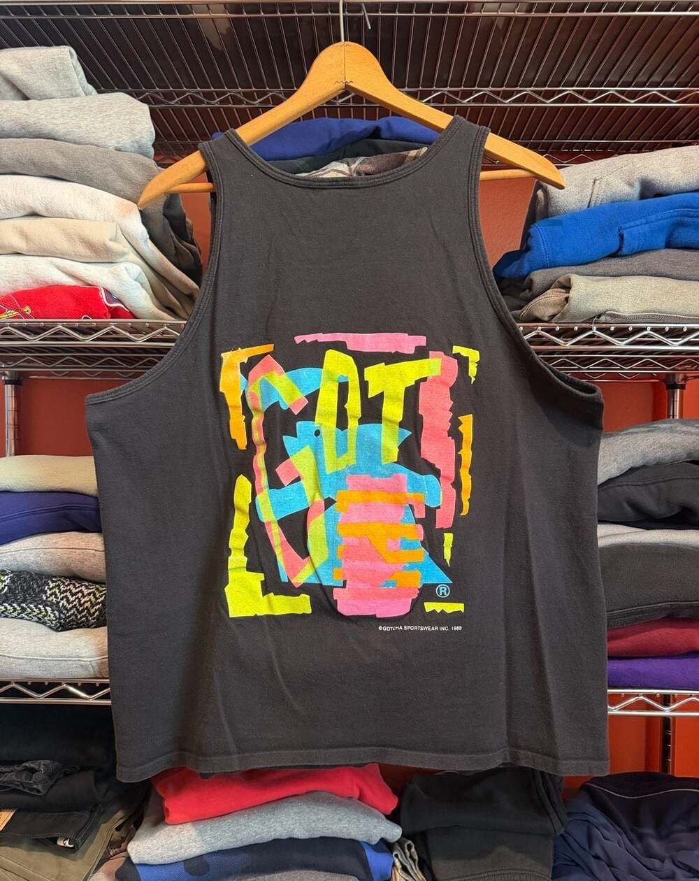 Vintage 1988 Gotcha Surf Neon Graphic Black Tank Top Made in USA Large